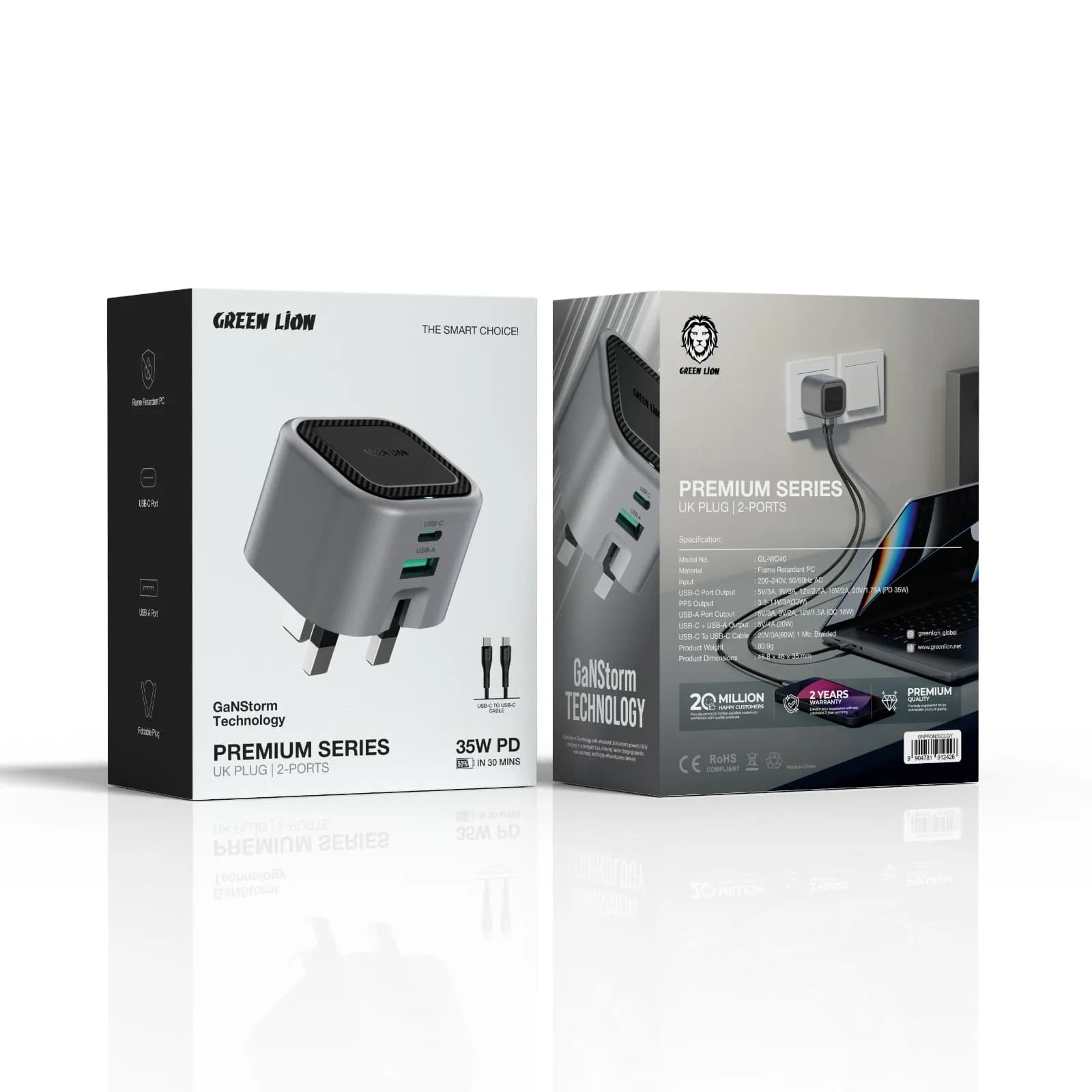 Green Lion Premium Series UK Plug Wall Charger - 2 Port, PD 35W, C to C Cable