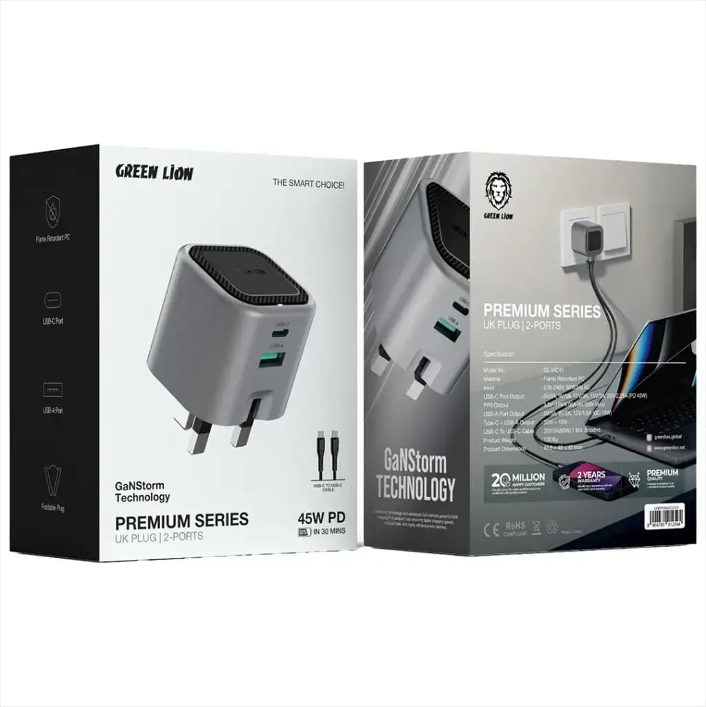 Green Lion Premium Series UK Plug Wall Charger - 2 Port, PD 45W, C to C Cable