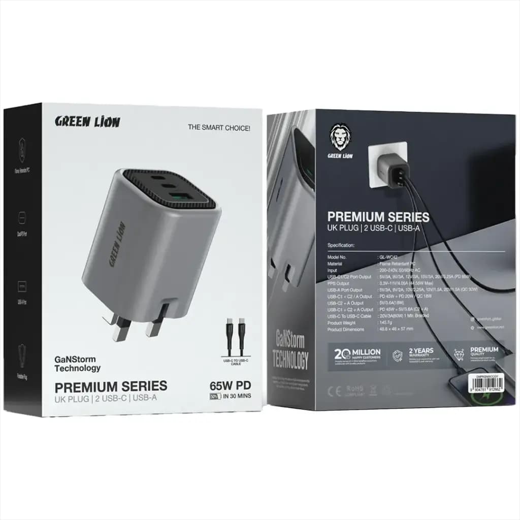 Green Lion Premium Series UK Plug Wall Charger - 3 Port, PD 65W, C to C Cable