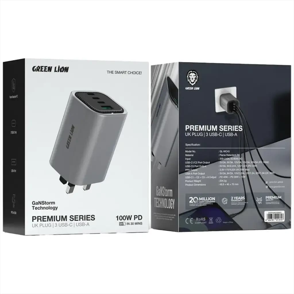 Green Lion Premium Series UK Plug Wall Charger - 4 Port, PD 100W, C to C Cable
