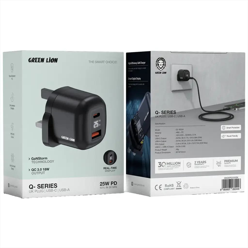 Green Lion Q- SERIES UK Plug GaN Charger USB-C&A Port PD25W+ QC3.0
