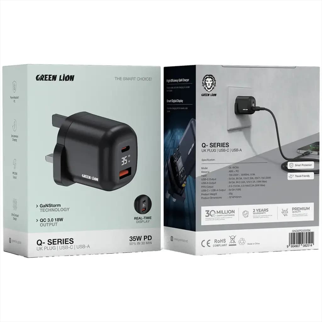 Green Lion Q- SERIES UK Plug GaN Charger USB-C&A Port PD35W+ QC3.0