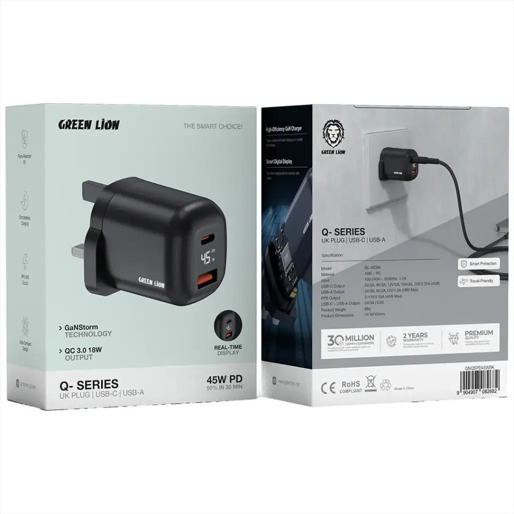 Green Lion Q- SERIES UK Plug GaN Charger USB-C&A Port PD45W+ QC3.0