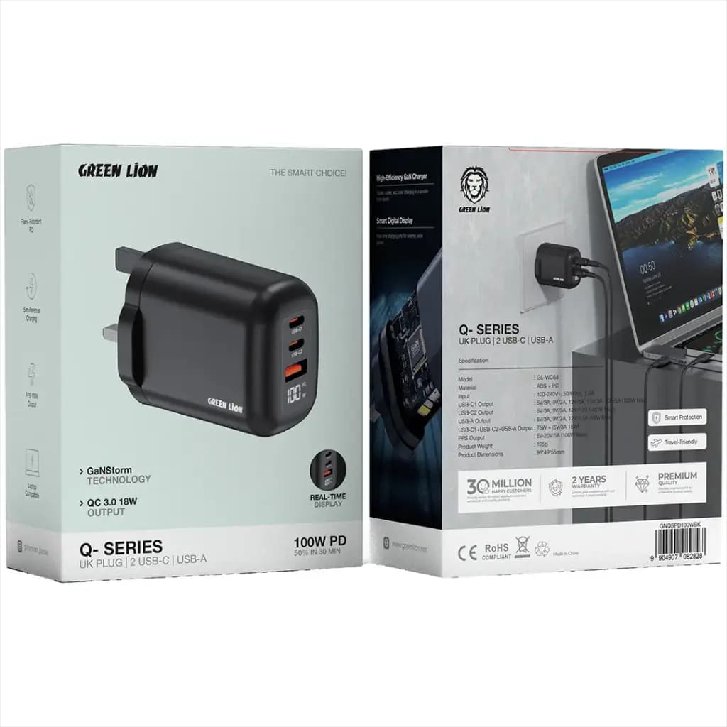 Green Lion Q- SERIES UK Plug Wall Charger PD 100W A+C+C Port