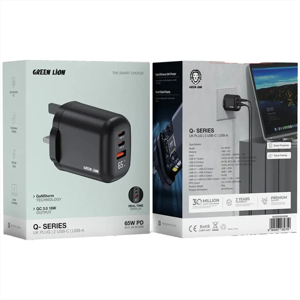 Green Lion Q- SERIES UK Plug Wall Charger PD 65W A+C+C Port