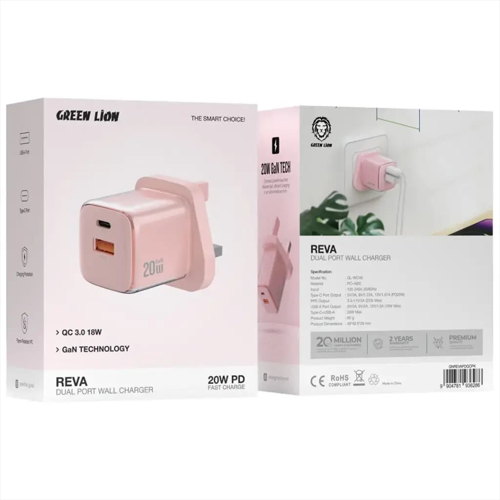 Green Lion Reva Dual Port Wall Charger PD+QC 20W