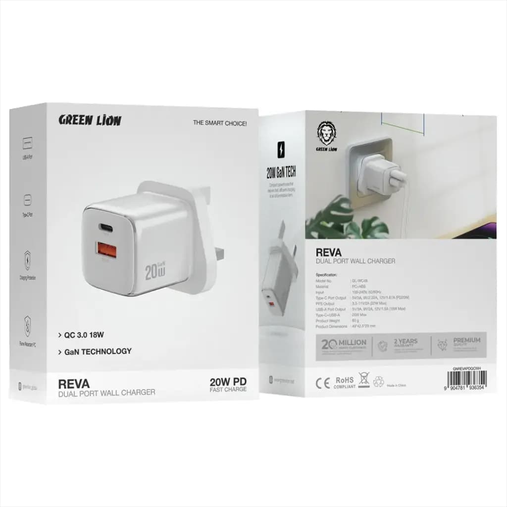 Green Lion Reva Dual Port Wall Charger PD+QC 20W
