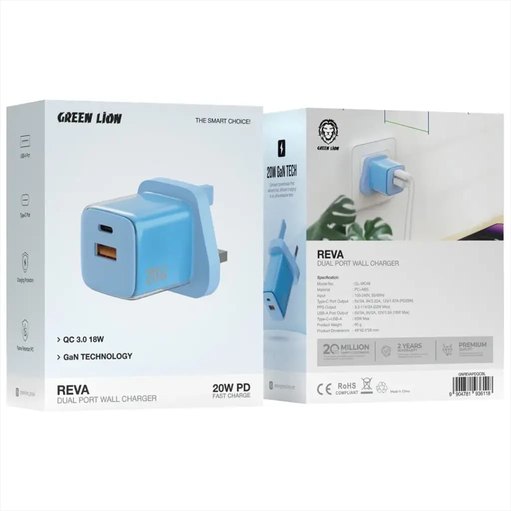 Green Lion Reva Dual Port Wall Charger PD+QC 20W