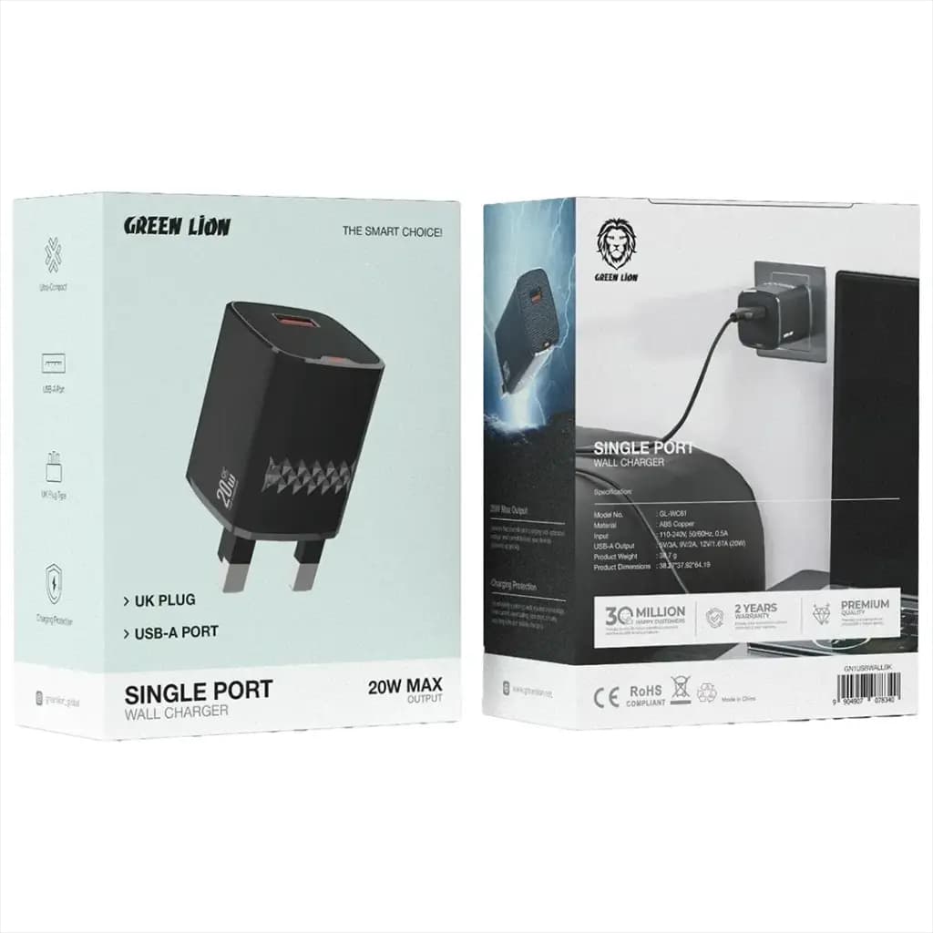 Green Lion Single Port Wall Charger UK Plug USB-A Port 20W