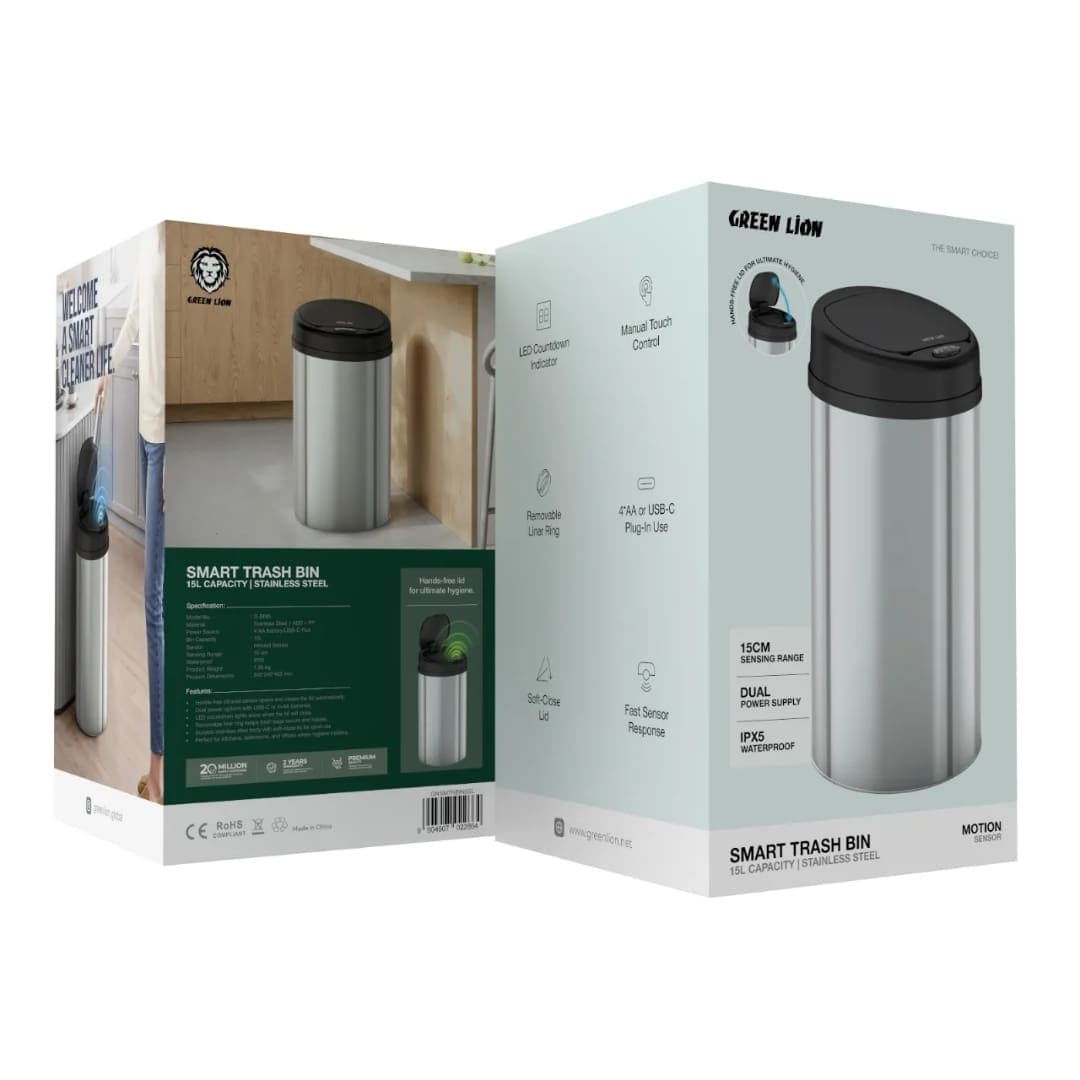 Green Lion Smart Trash Bin 15L Stainless Steel
