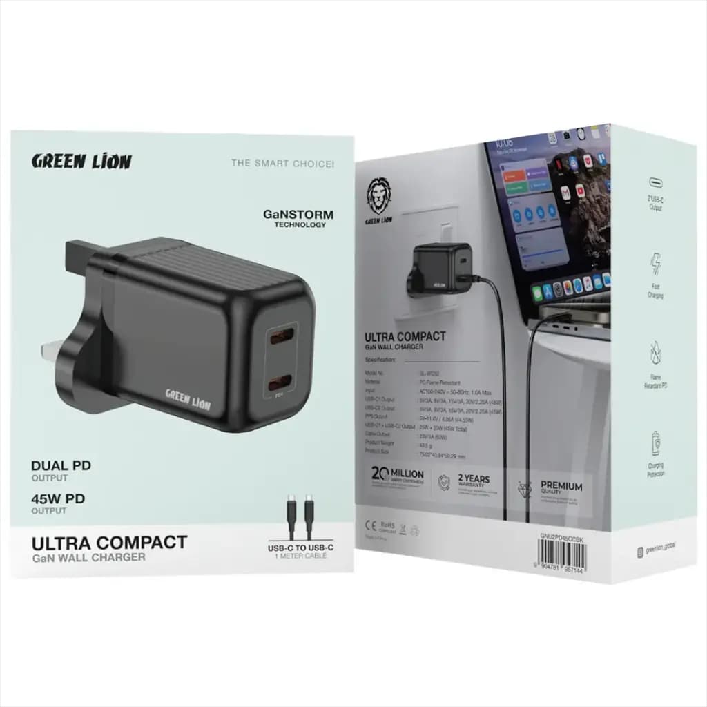 Green Lion Ultra Compact GaN Wall Charger Dual PD 45W C to C