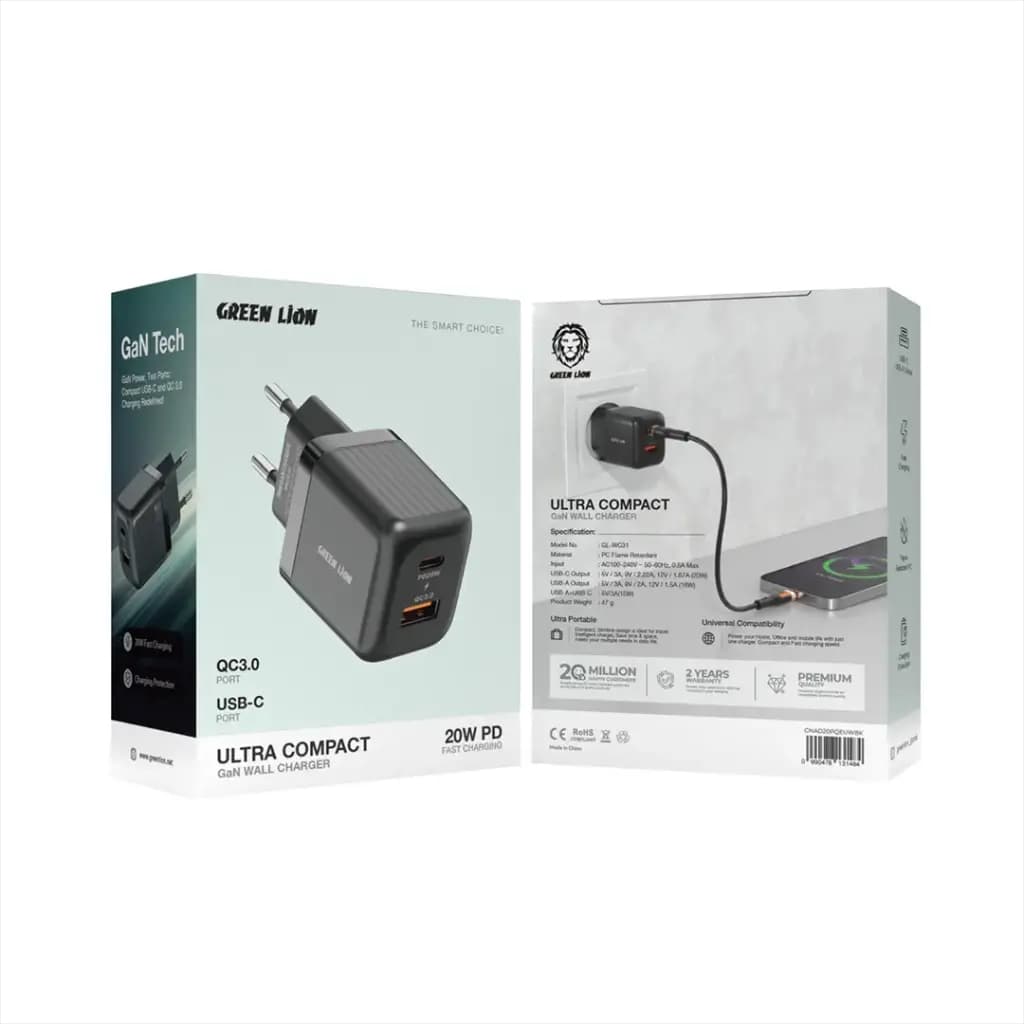 Green Lion Ultra Compact GaN Wall Charger EU Pin A+C PD20W + QC3.0