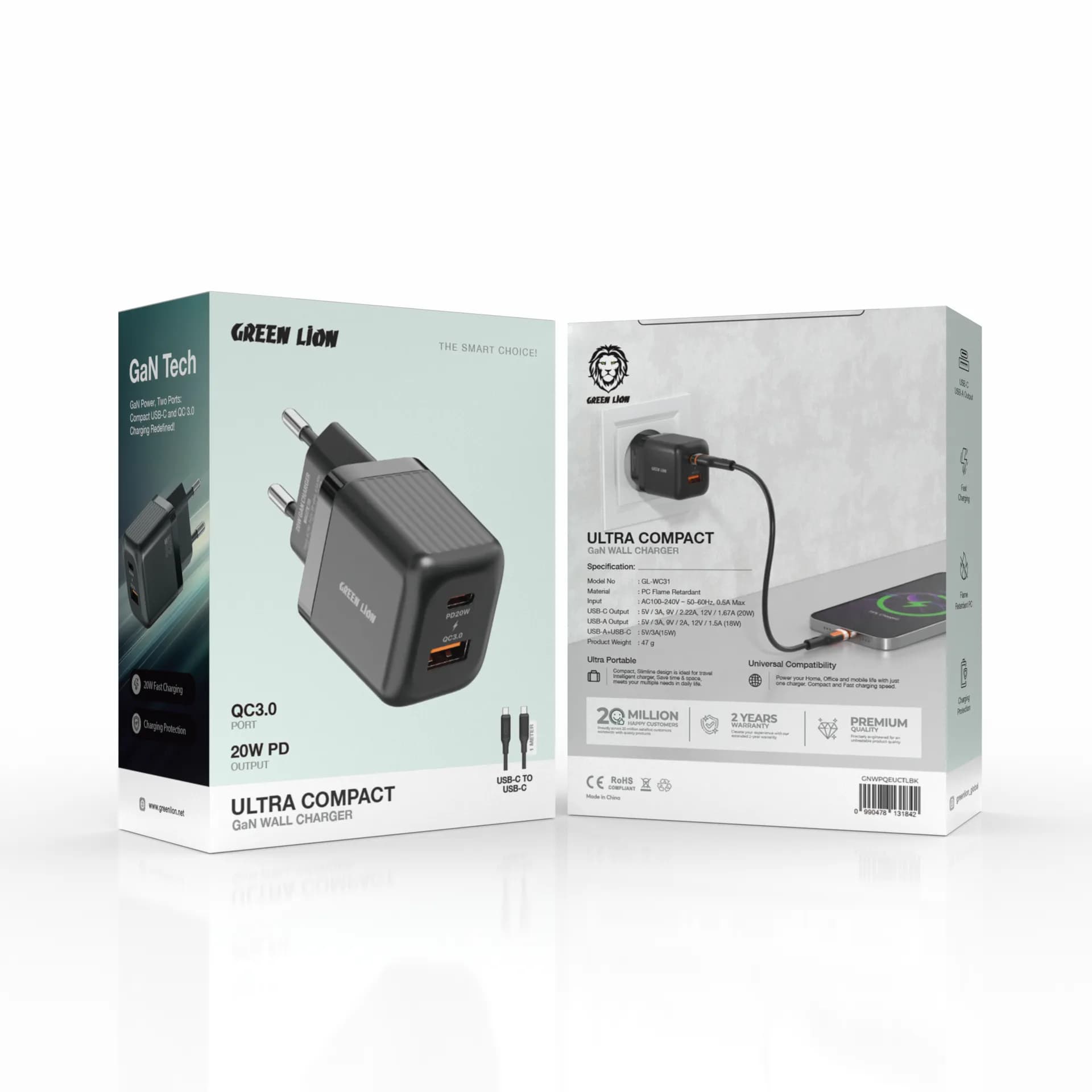 Green Lion Ultra Compact GaN Wall Charger EU Pin C to L PD20W + QC3.0