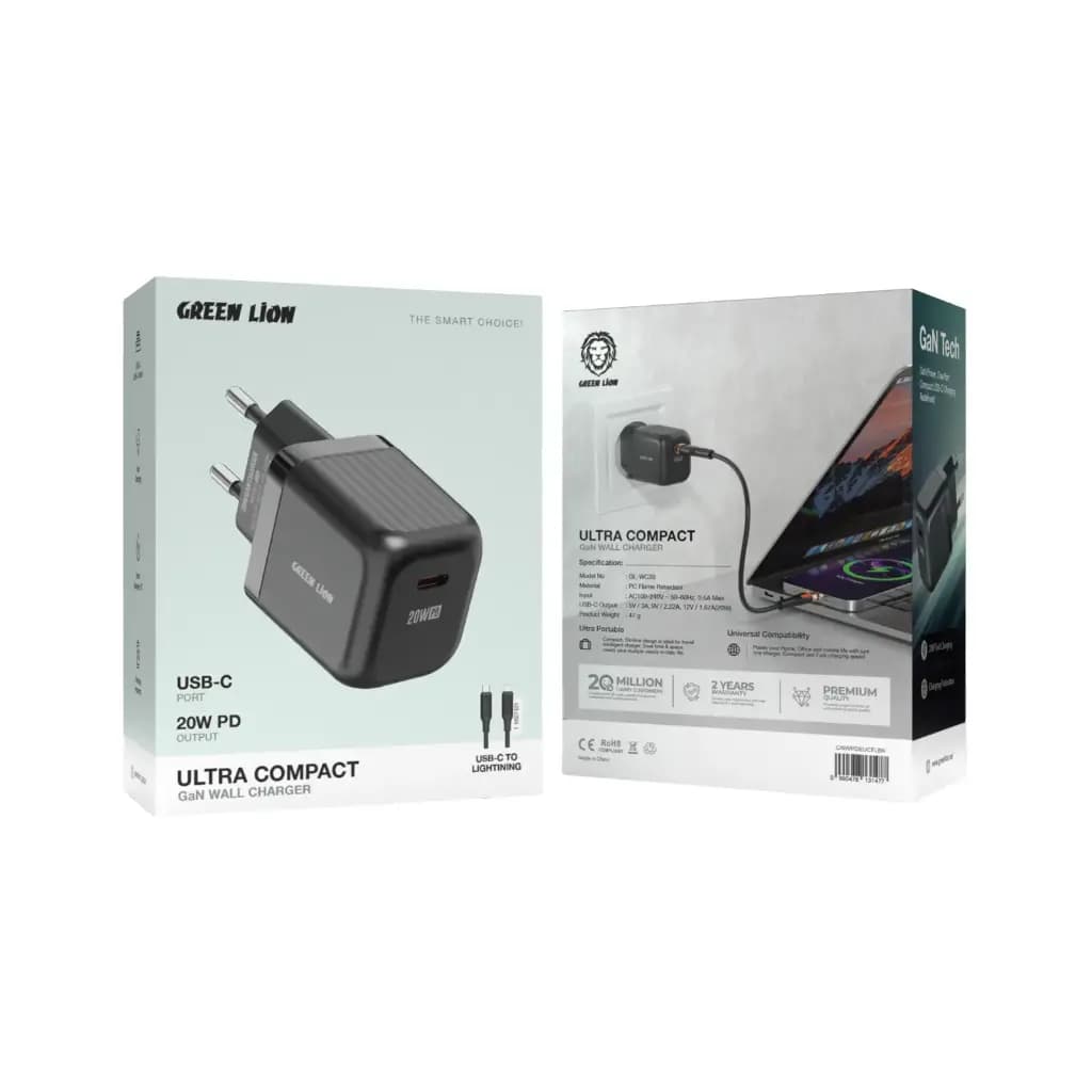 Green Lion Ultra Compact GaN Wall Charger EU Pin PD 20W C to L