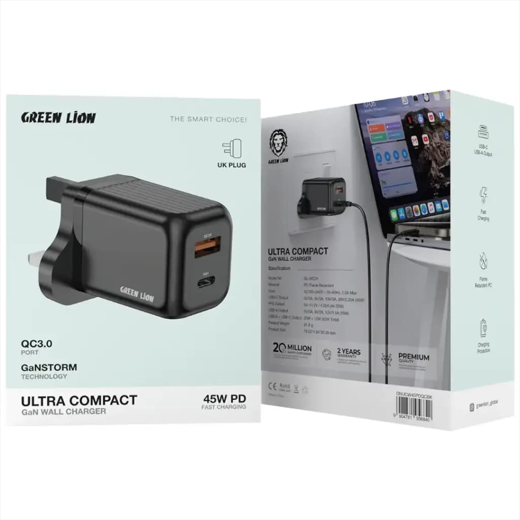 Green Lion Ultra Compact GaN Wall Charger PD+QC 45W