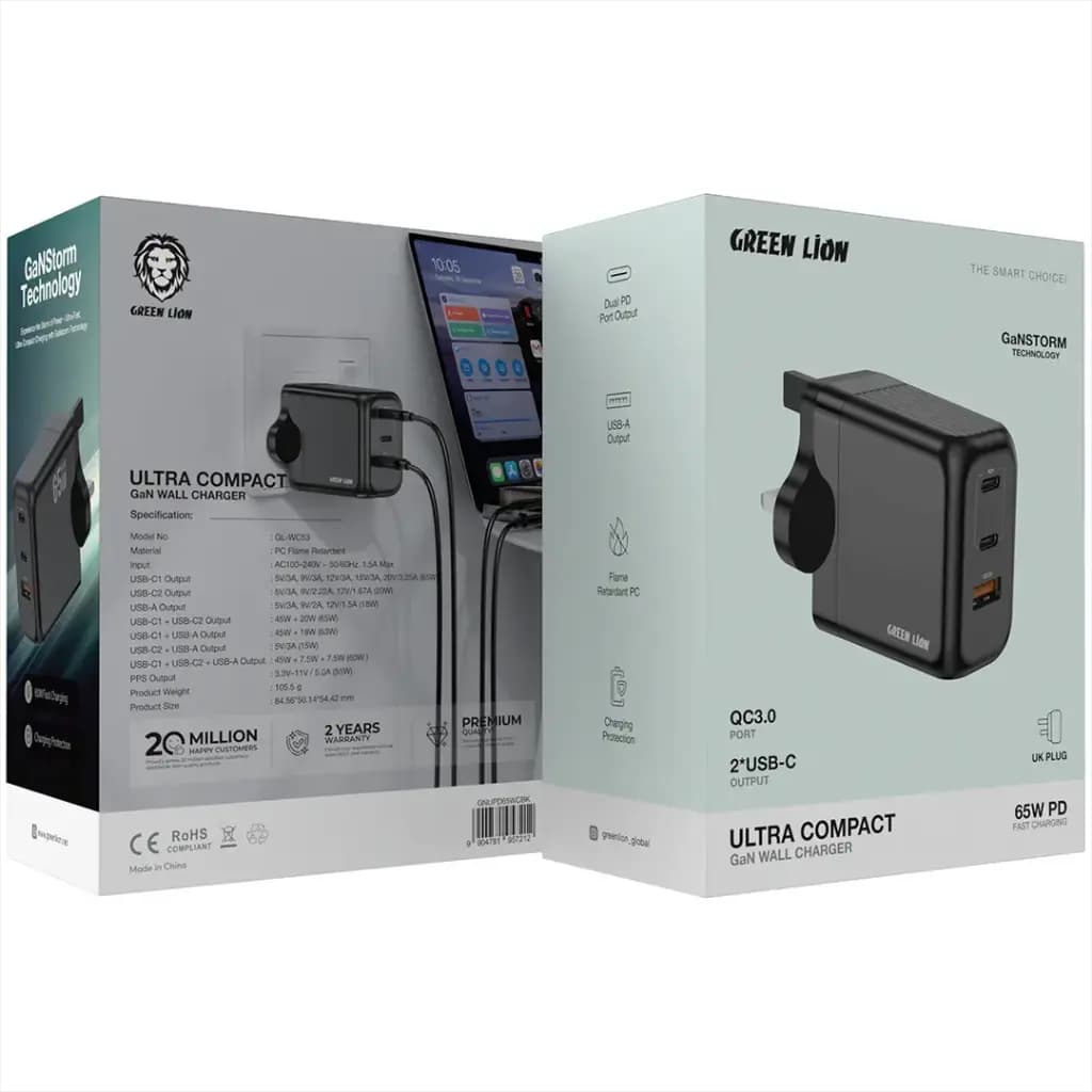 Green Lion Ultra Compact GaN Wall Charger PD+QC 65W