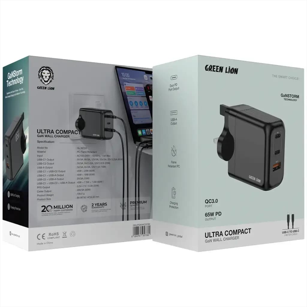 Green Lion Ultra Compact GaN Wall Charger PD+QC 65W C to C