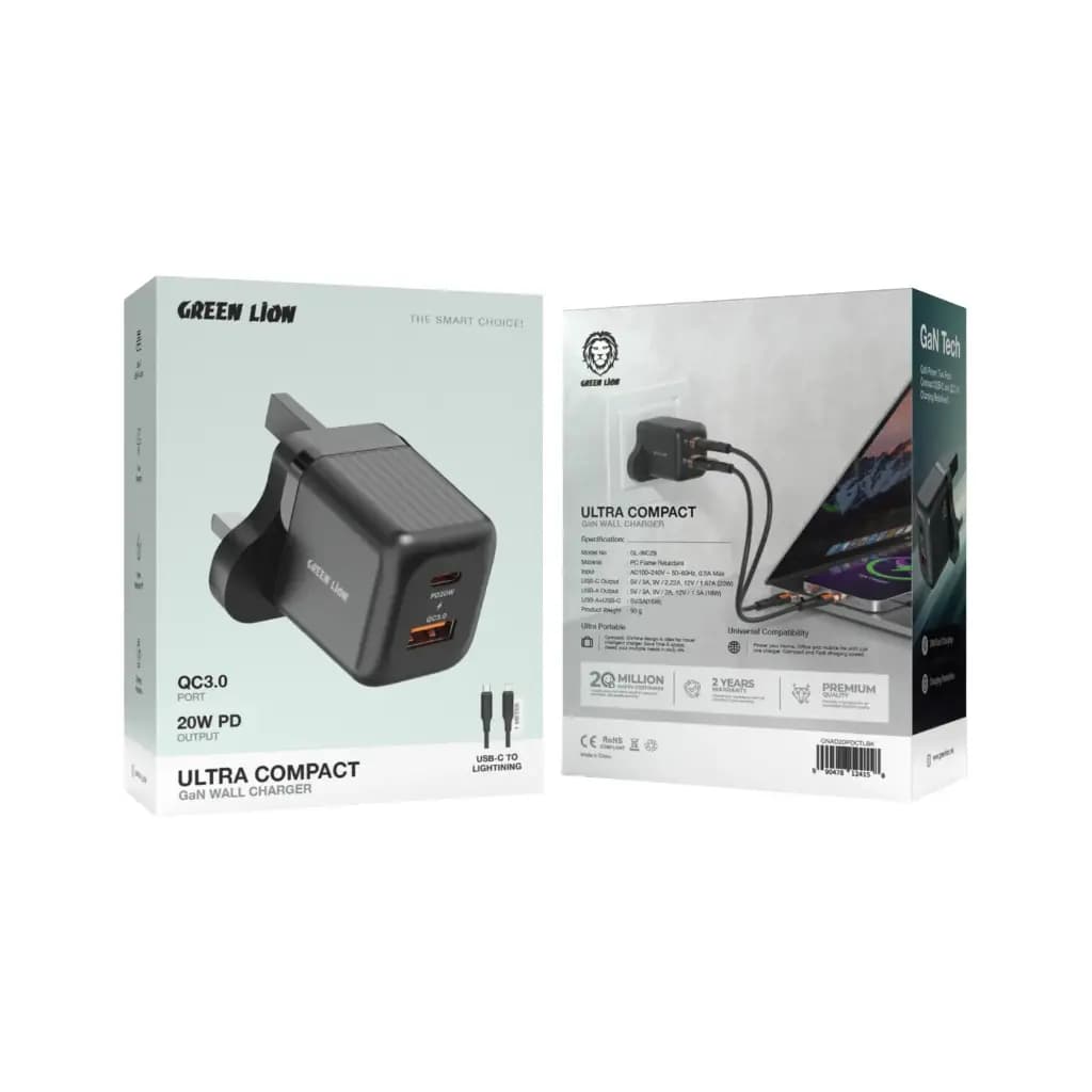 Green Lion Ultra Compact GaN Wall Charger UK Pin C to L PD20W + QC3.0