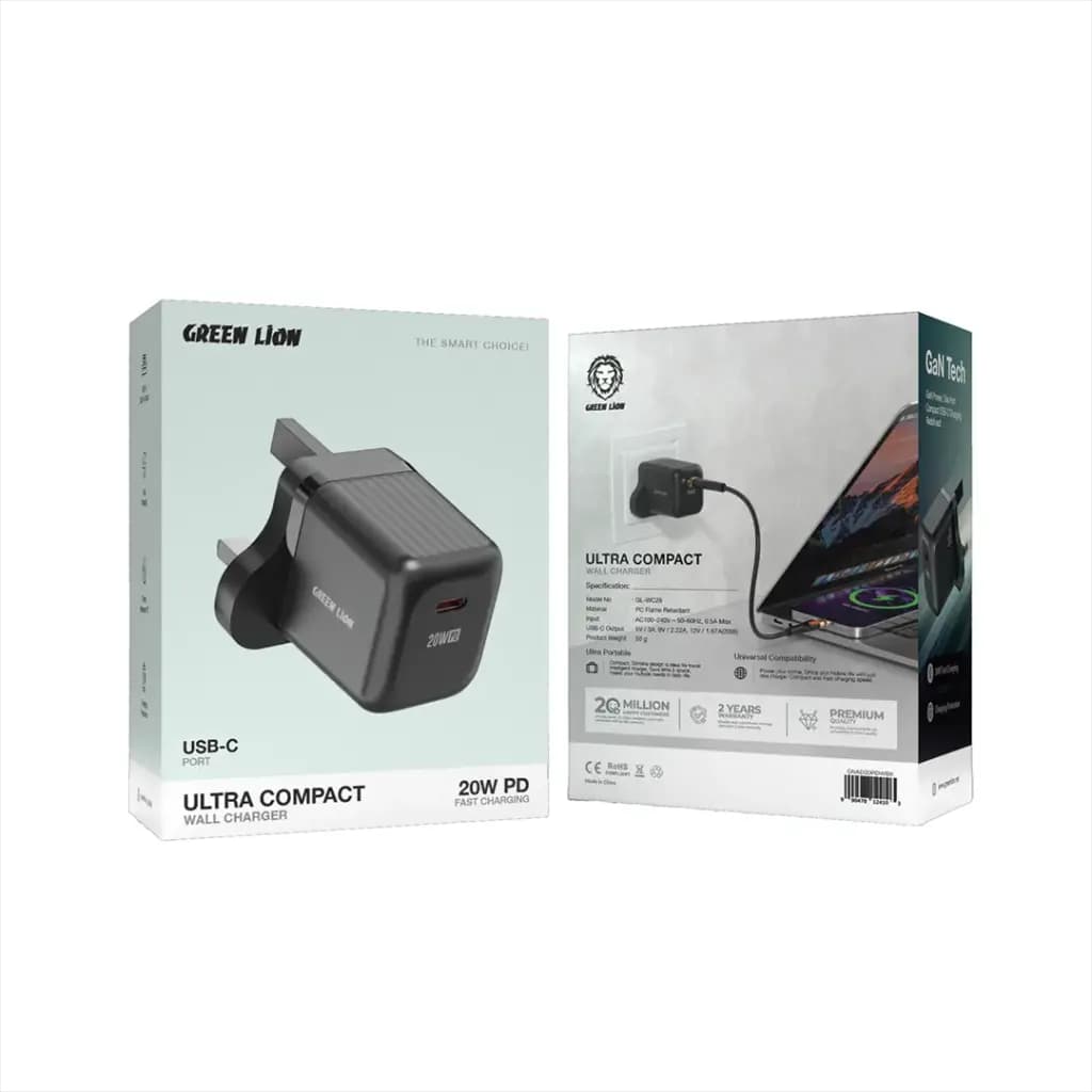 Green Lion Ultra Compact GaN Wall Charger UK Pin USB-C PD 20W