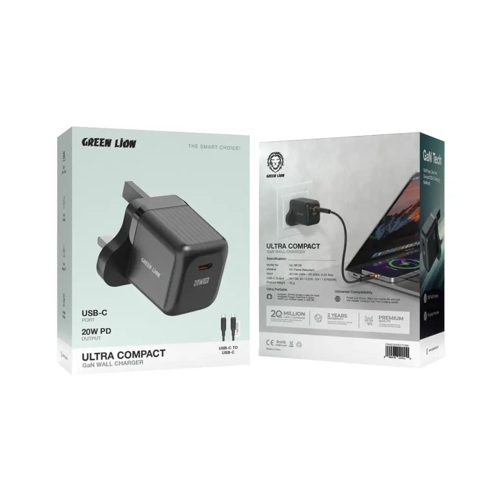 Green Lion Ultra Compact GaN Wall Charger UK Pin USB-C PD 20W C to C
