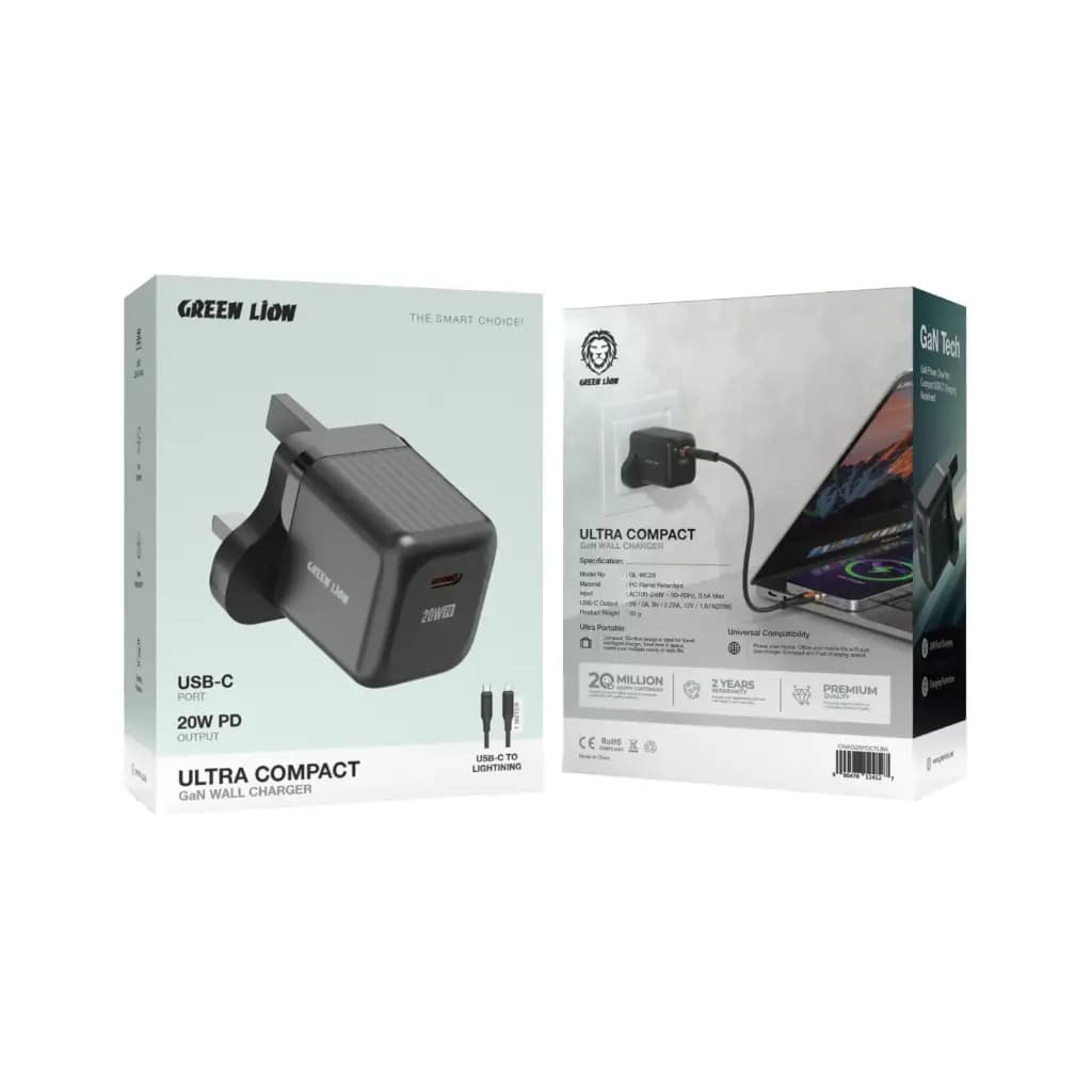 Green Lion Ultra Compact GaN Wall Charger UK Pin USB-C PD 20W C to L