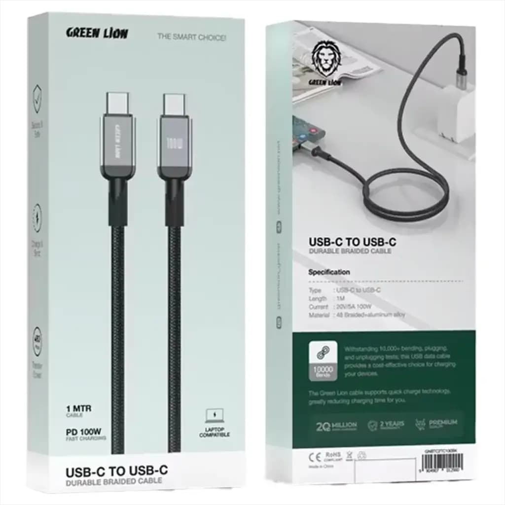 Green Lion USB-C TO USB-C Durable 1m Braided Cable PD 100W