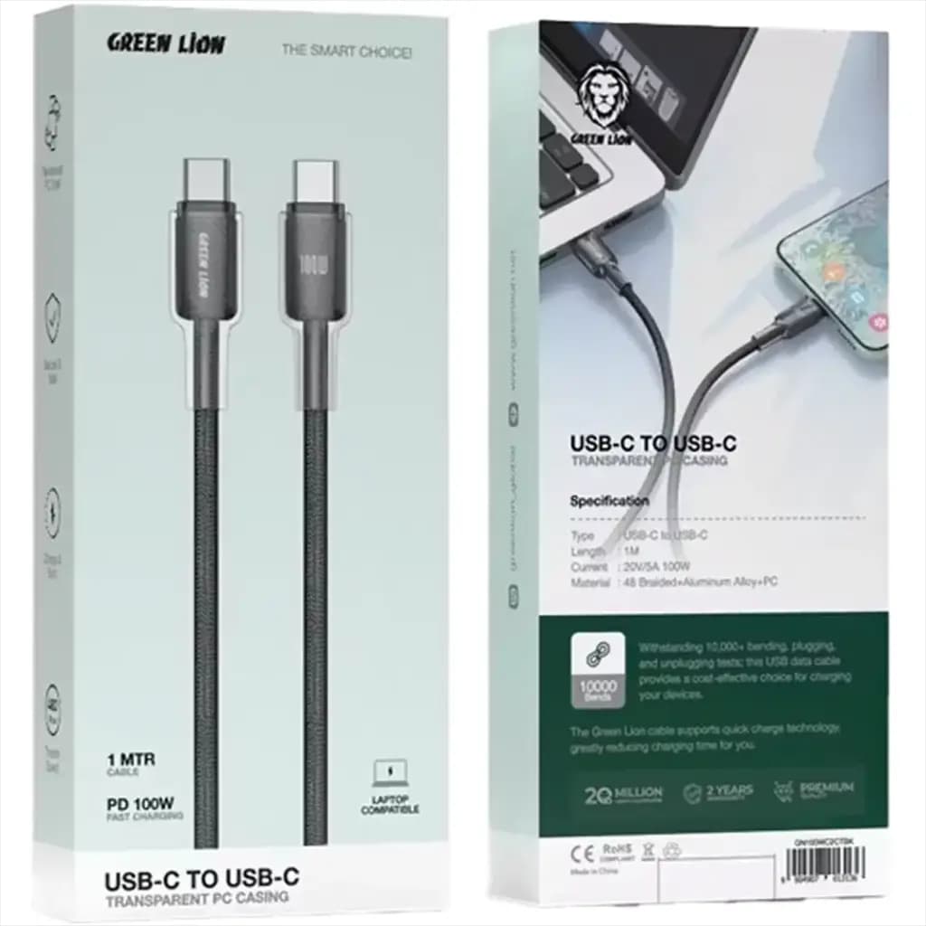Green Lion USB-C TO USB-C Transparent PC Casing 1m Braided Cable PD 100W