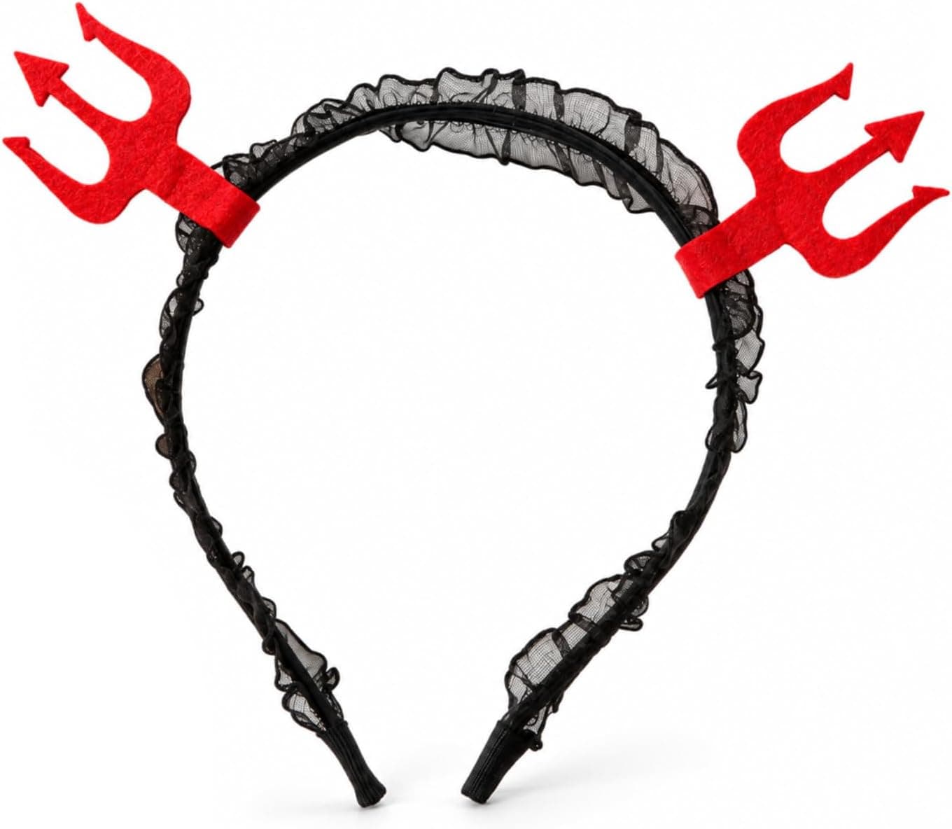 Halloween Devil Fork Horn Headband, Red Trident Horn Hair Hoop With Black Lace, Cute Scary Costume Hair Accessory For Women Girls, Halloween Party Cosplay Headwear, Holiday Photo Prop