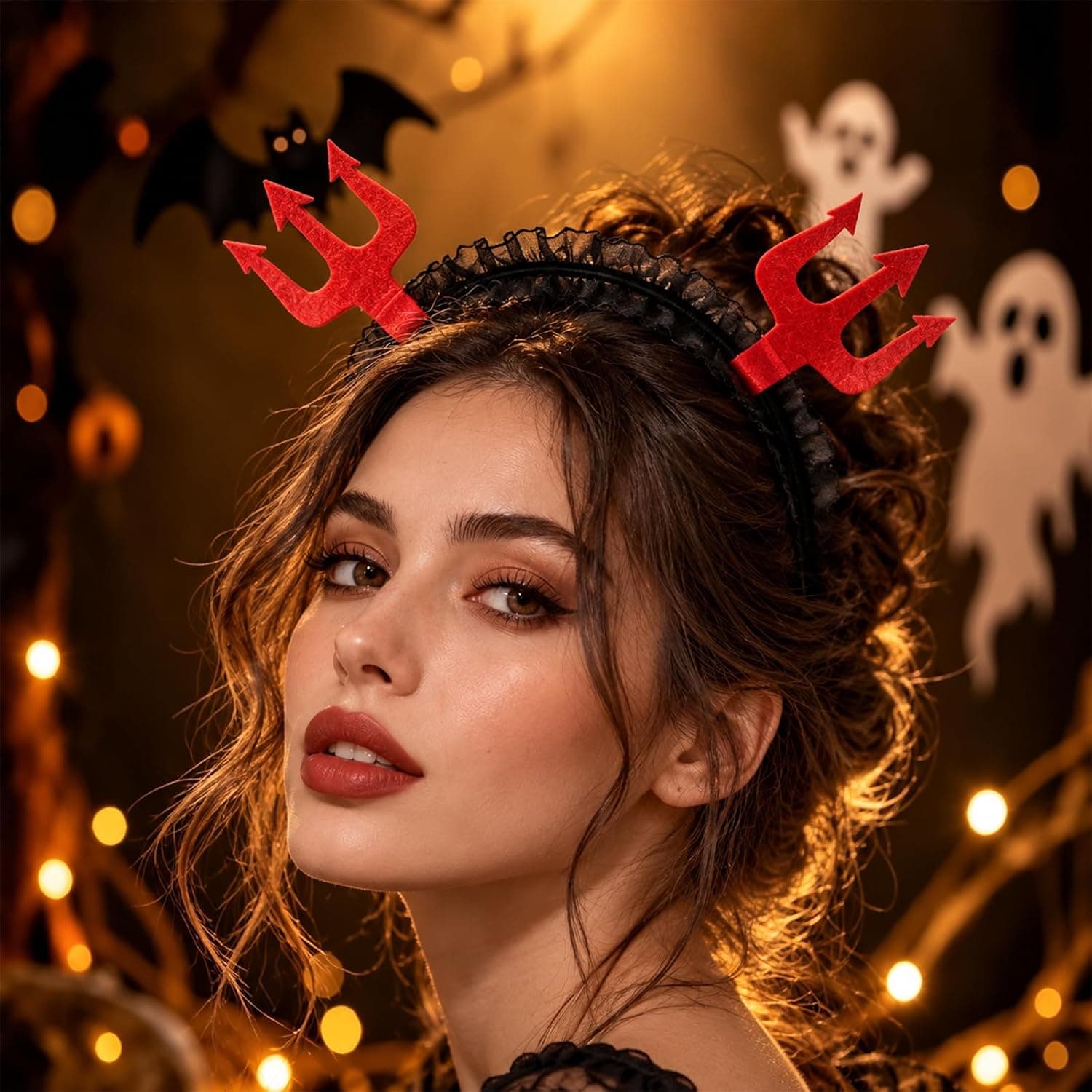Halloween Devil Fork Horn Headband, Red Trident Horn Hair Hoop With Black Lace, Cute Scary Costume Hair Accessory For Women Girls, Halloween Party Cosplay Headwear, Holiday Photo Prop