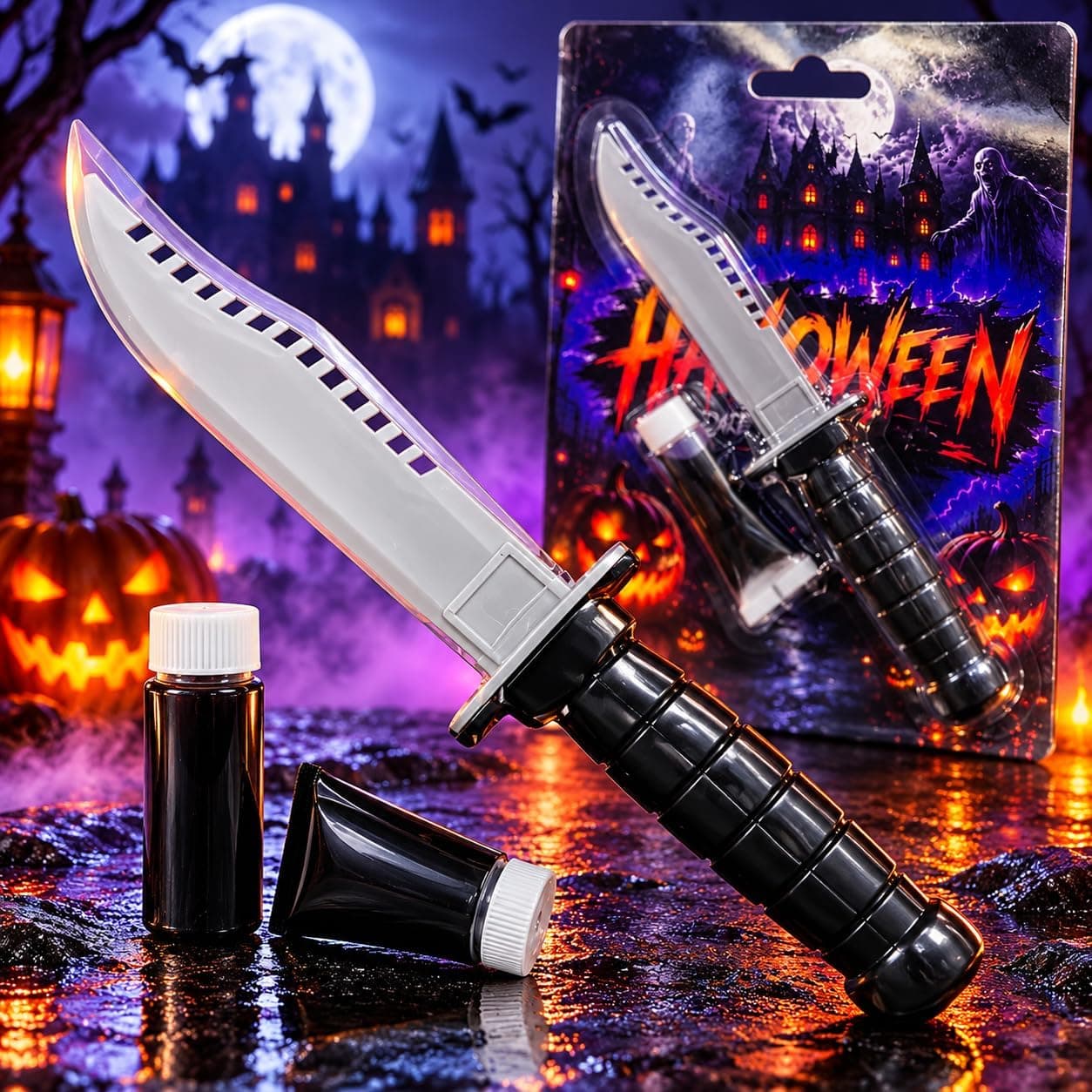 Halloween Plastic Toy Bayonet Knife Prop Set with Fake Blood Bottle