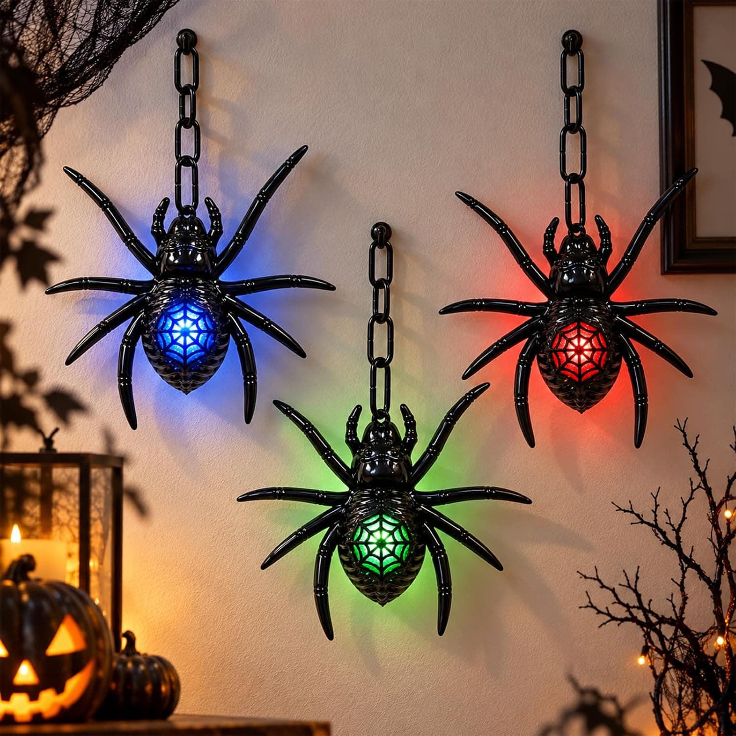 Halloween Spider Hanging Decoration with Multicolour Light, Battery Operated Black Spider with Chain, 27.5 x 17 cm, Indoor Window and Haunted House Party Decor