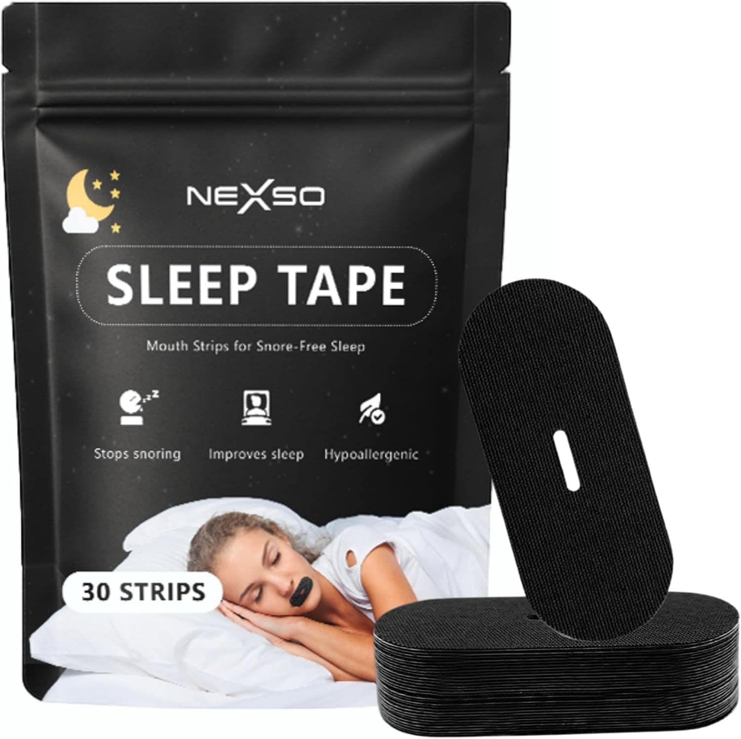Nexso Black Mouth Tape 30pcs Hypoallergenic Snore Strips