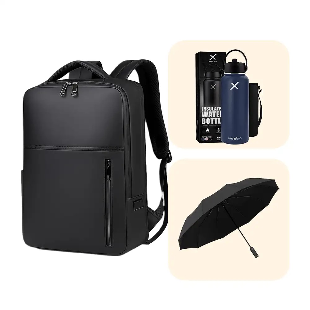 Nexso Daily Essentials Combo – Backpack, Umbrella & Water Bottle
