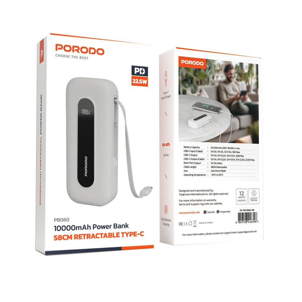 Porodo 10000mAh Power bank 58CM Retractable Type-C