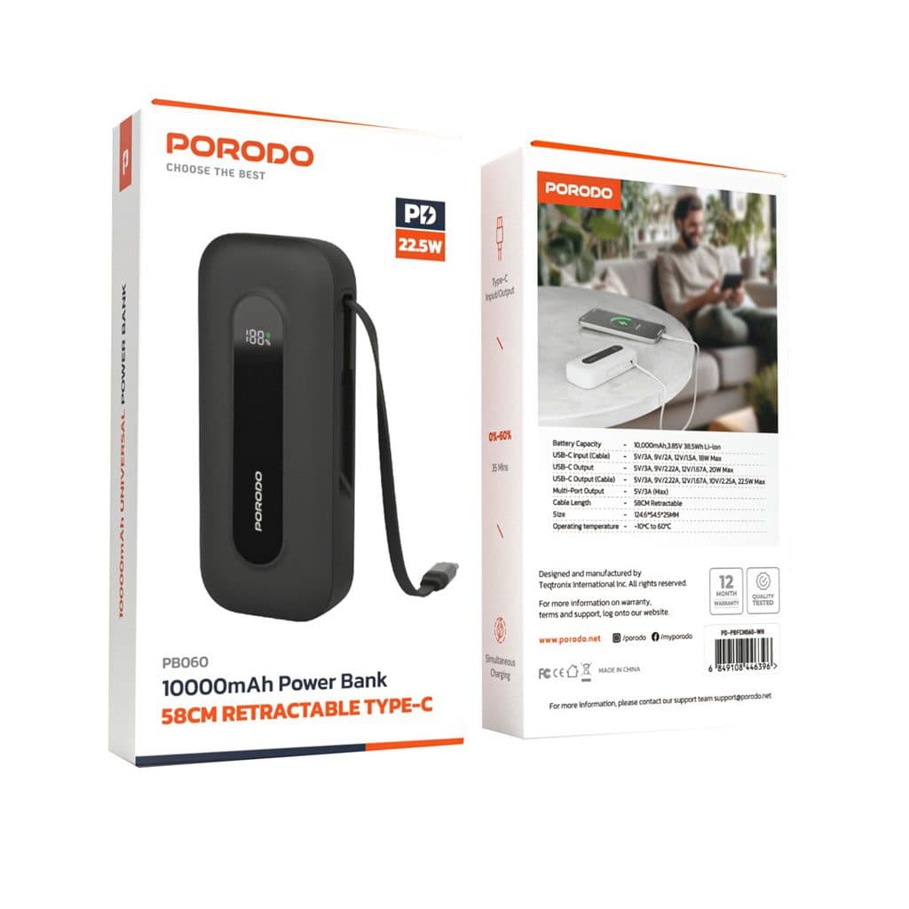 Porodo 10000mAh Power bank 58CM Retractable Type-C