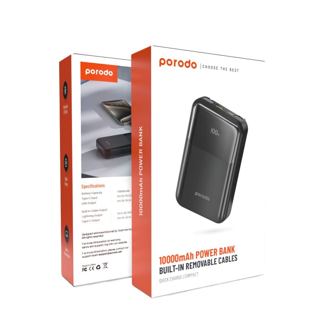 Porodo 10000mAh Power Bank Built-In Removable Cables Quick Charge & Compact