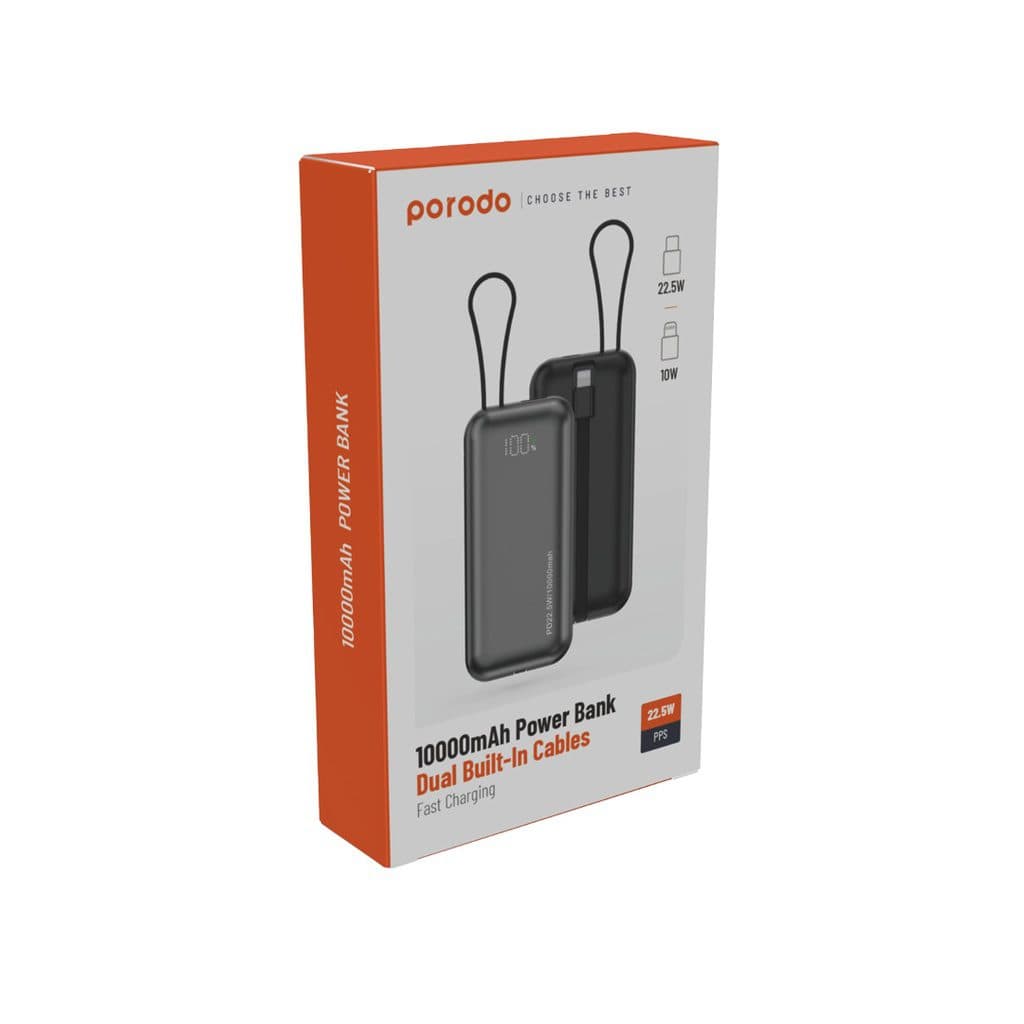 Porodo 10000mAh Powerbank Dual Built-In Cables Fast Charging