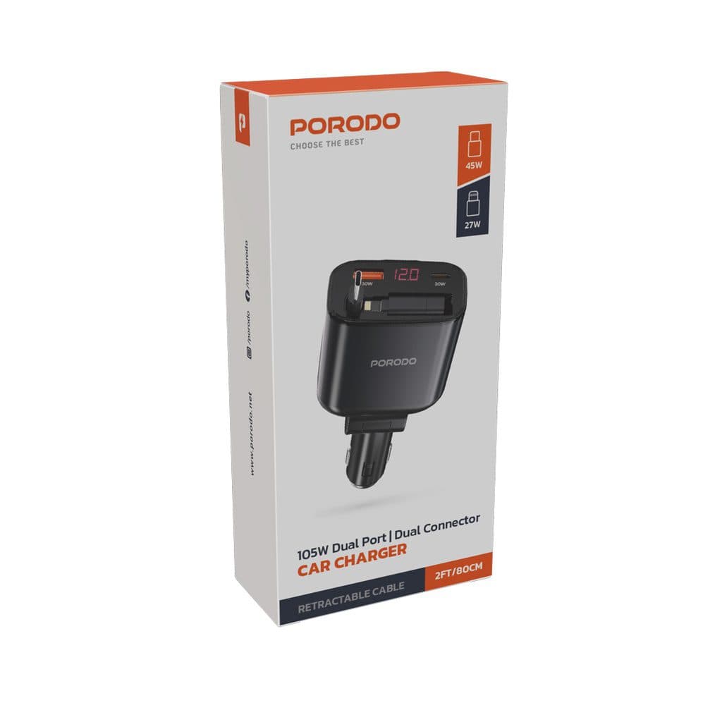 Porodo 105W Dual Port& Dual Connector Car Charger With Retractable Cable