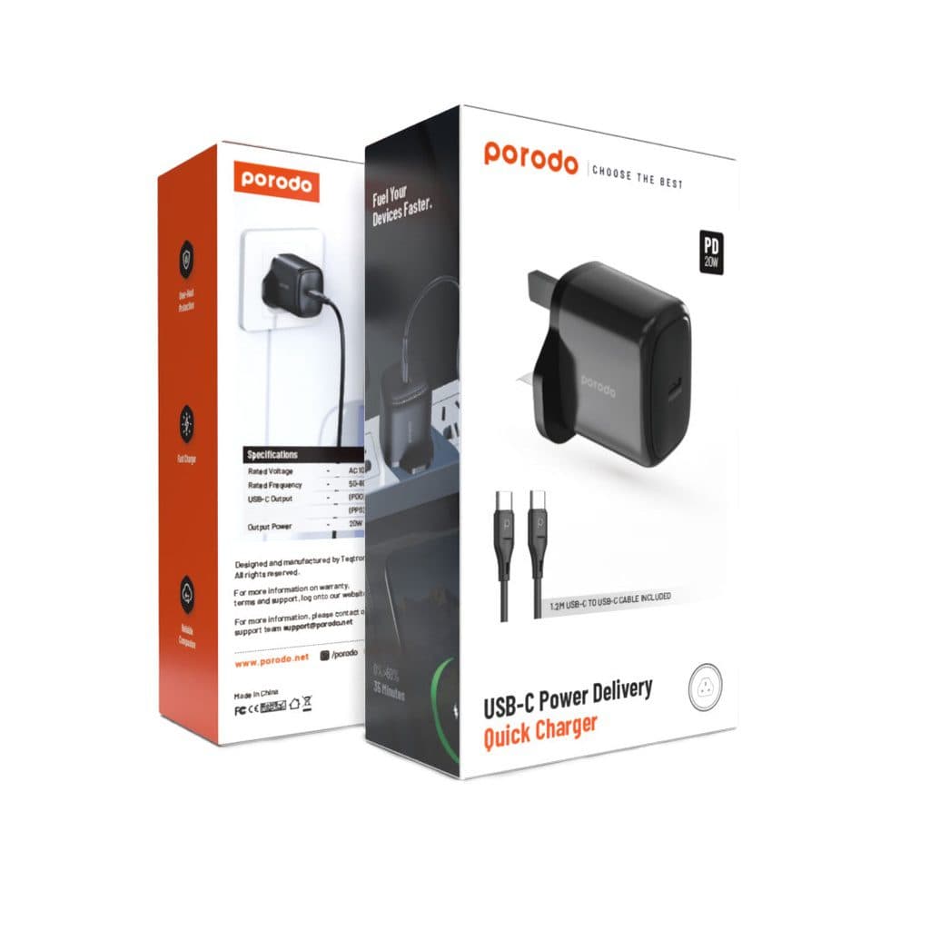 Porodo 20W Single USB C Charger UK With Type C to C Cable 1.2M