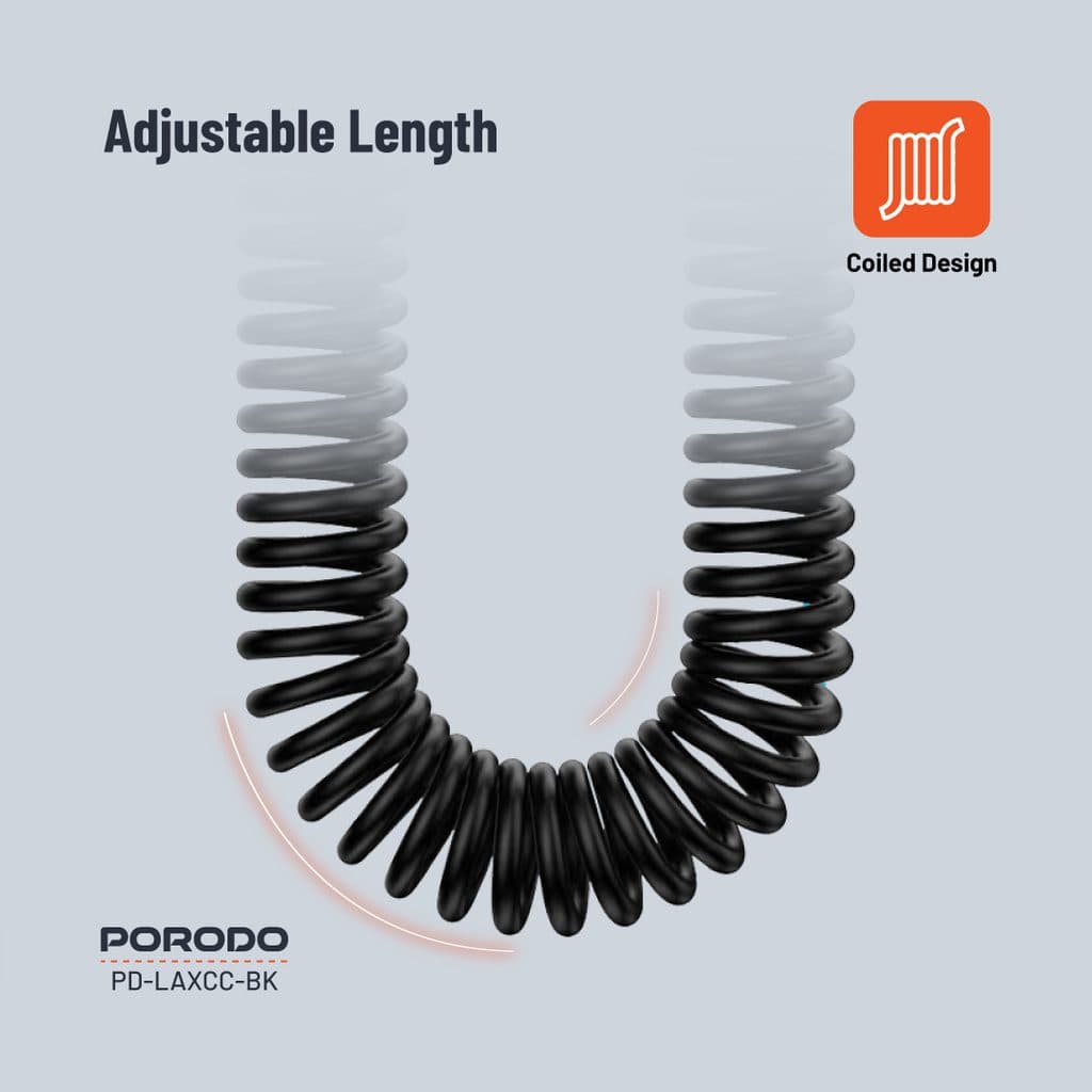 Porodo 3.5MM Lightning AUX Coiled Audio Cable 1.2m