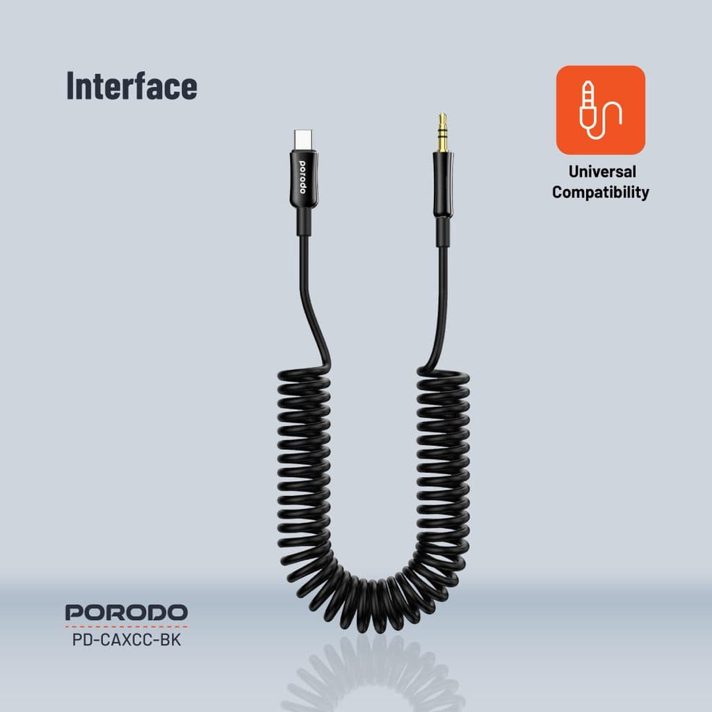Porodo 3.5mm Type-C AUX Coiled Audio Cable 1.2m