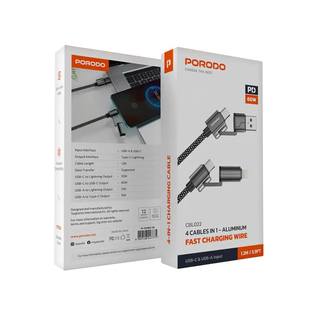 Porodo 4 Cables in 1 Aluminum Fast Charger Wire