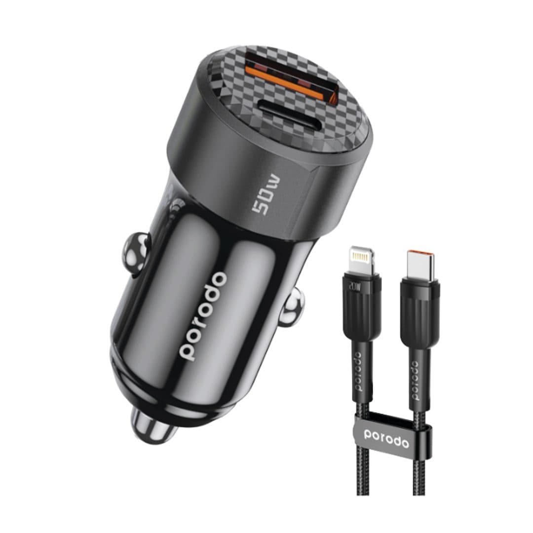 Porodo 50W Dual Port Car Charger Braided Cable Included Type-C to Type-C