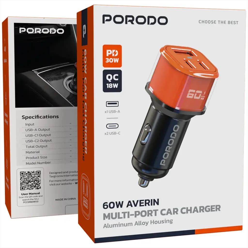Porodo 60W Averin Multi-Port Car Charger Aluminum Alloy Housing
