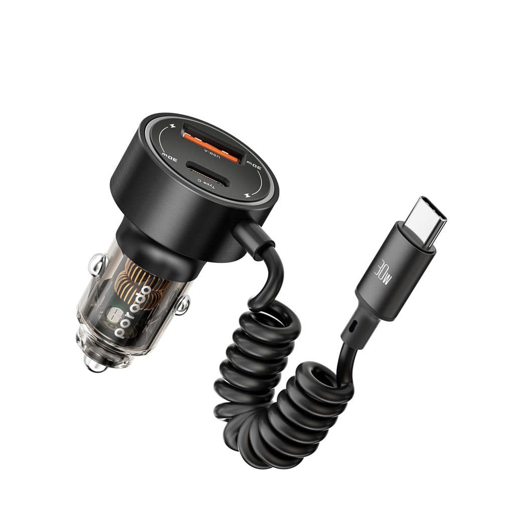 Porodo 60W Dual Port Transparent Aluminum Car Charger Integrated Type-C Cable
