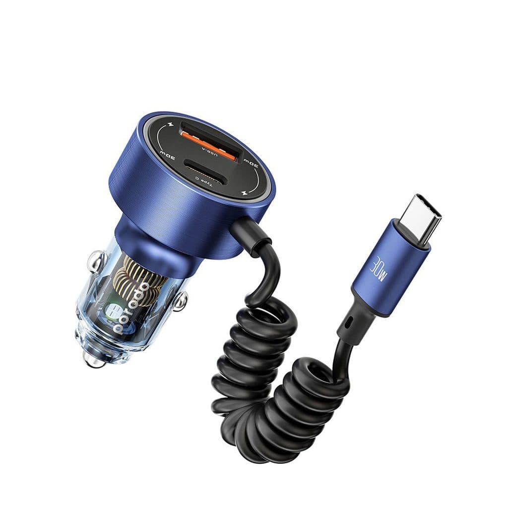 Porodo 60W Dual Port Transparent Aluminum Car Charger Integrated Type-C Cable