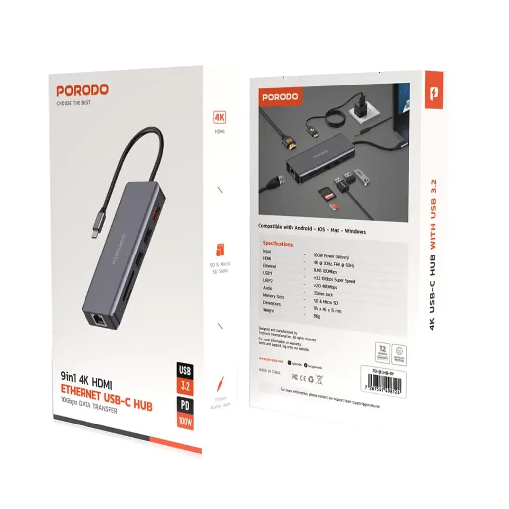 Porodo 9in1 HDMI Ethernet USB-C Hub