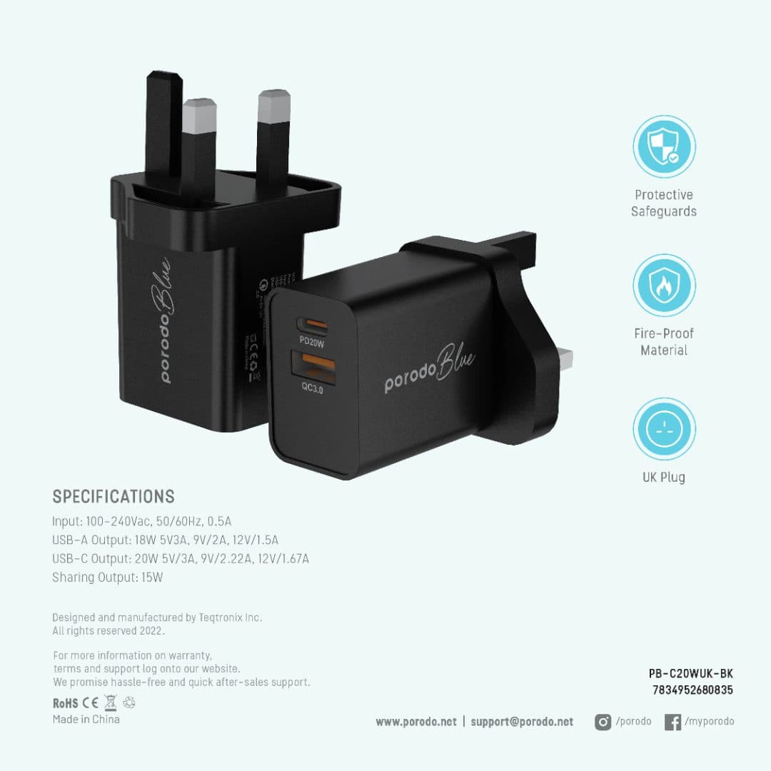 Porodo Blue Dual Port Wall Charger USB-A Quick Charge 3.0