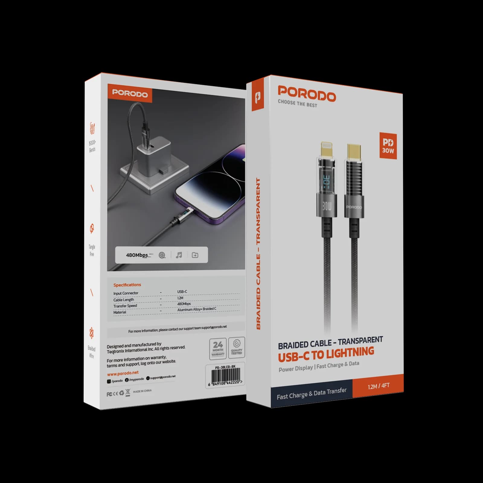 Porodo Braided USB-C to Lightning Cable 4ft
