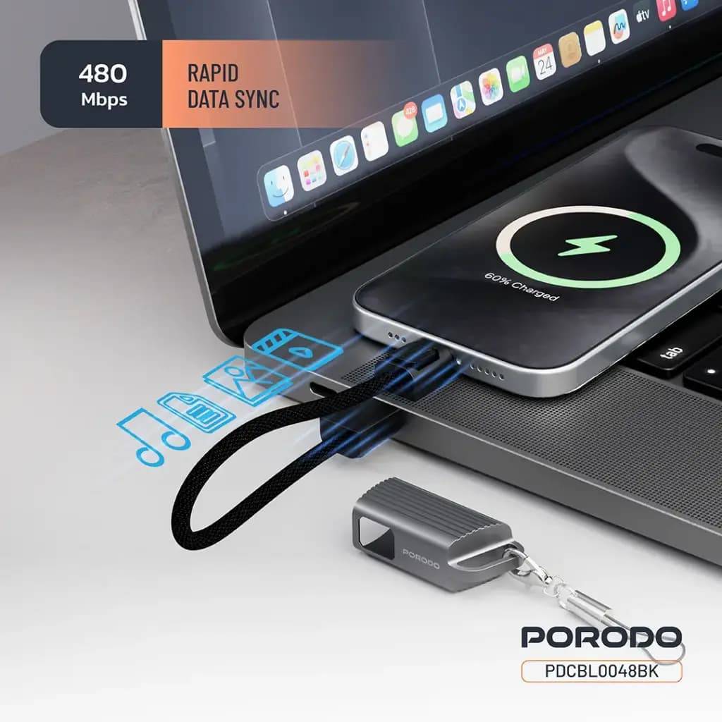 Porodo Chargeloop Keychain Data Cable USB-C to Lightning